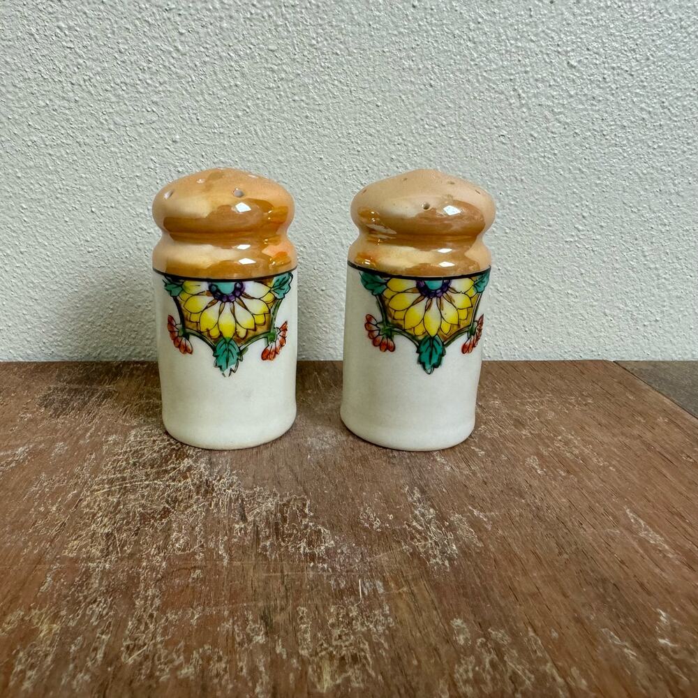 Vintage Japan Porcelain orange Lusterware art Deco Floral Salt &‎ pepper Shakers